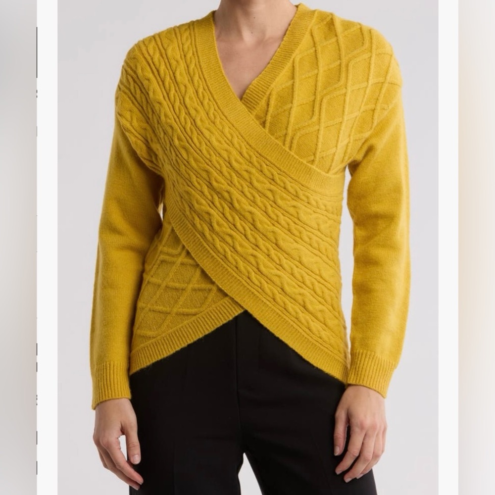 PATRIZIA LUCA Women's Mustard Yellow Cable Crossover Knit Sweater - Size L - EUC